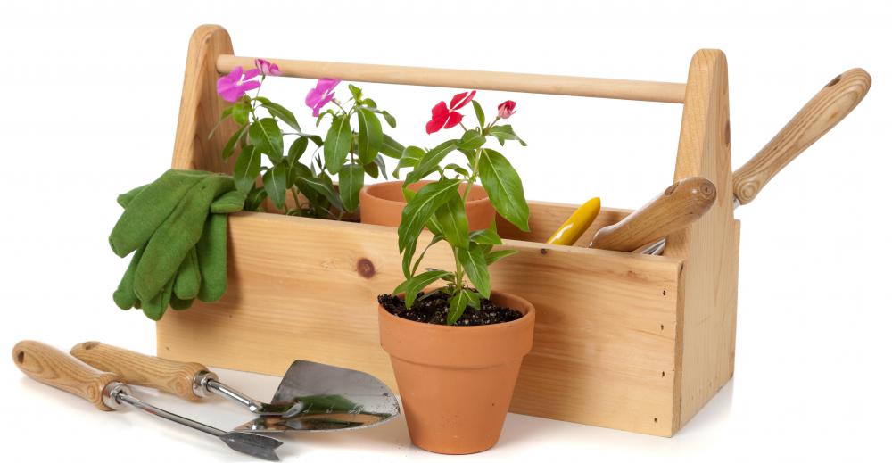 Gardening tools, including a hand trowel.