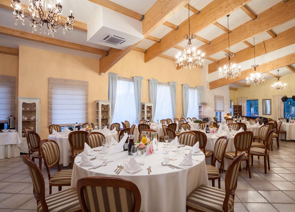 Dining room chairs are arranged around dining room tables.