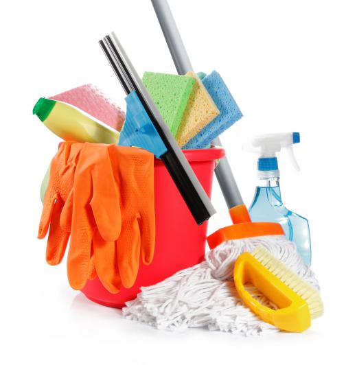 Cleaning supplies, including sponges, gloves, a mop, and cleaning solution.