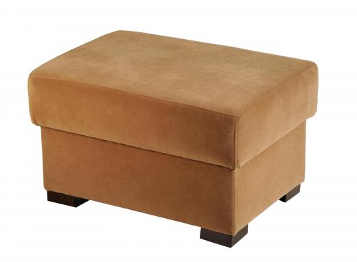 A tuffet is a low seating or footrest device typically covered in fabric so that the frame and legs are not visible.